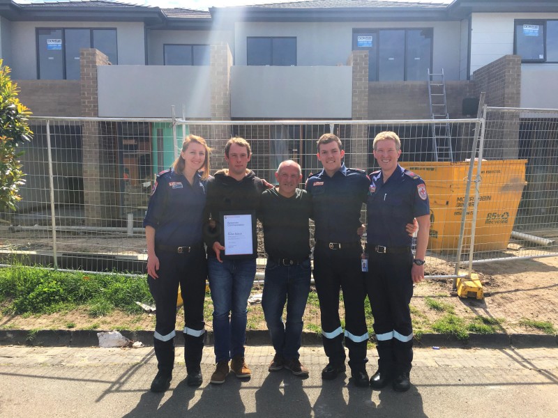 (L-R) Paramedic Jade, bystander Rohan, patient Michael, and paramedics Sam and Simon were reunited at the scene of the incident.