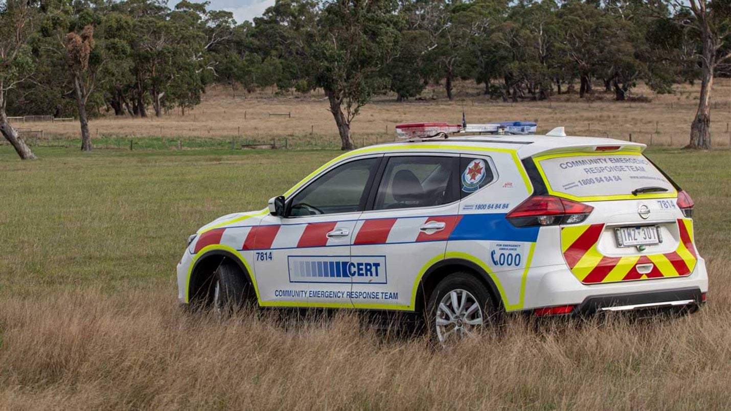 An Ambulance Victoria CERT car in a paddock