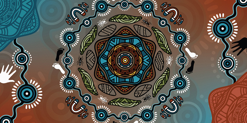 An aboriginal artwork consisting of the boomerang, leaves, ants, footprints, handprints, and abstract shapes.