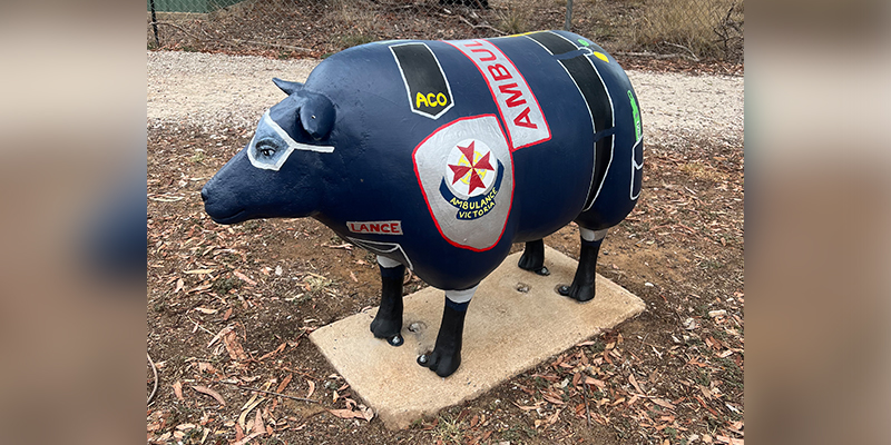 A statue of a sheep that has been painted wearing an Ambulance Community Officer's uniform.