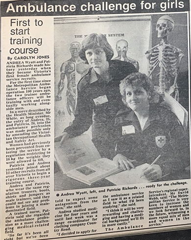 A old newspaper clipping dating back to 1987 highlighting two females joining the ambulance service.