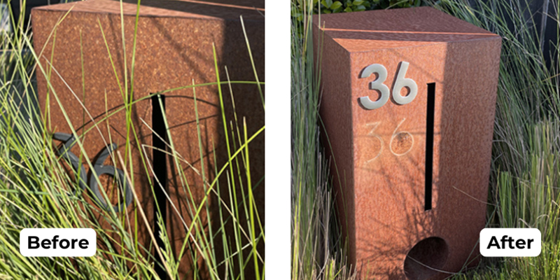 Two letterboxes with one showing the property number hidden behind tall grasses and the other with the property number clearly visible after the grasses have been cleared.